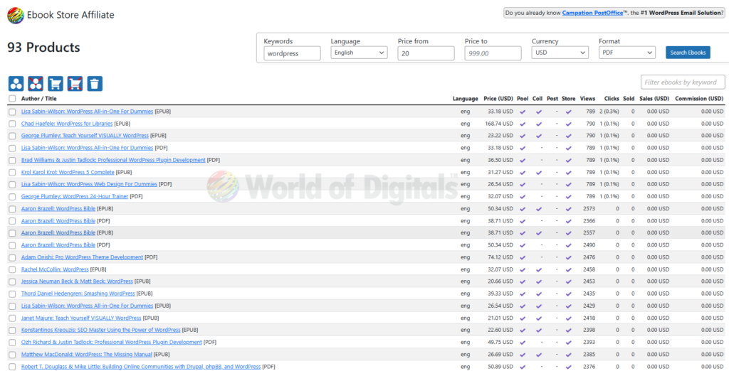 Select up to 1,000 ebooks from the product database, add them to collections and see statistics for each ebook